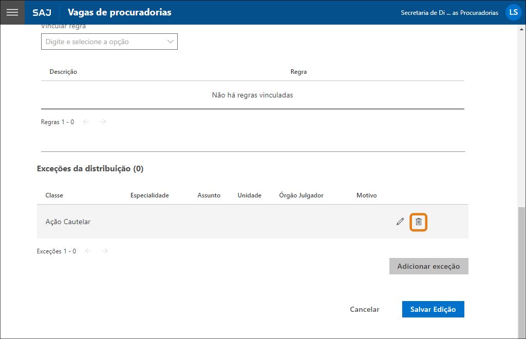Como remover uma exceção de distribuição no SAJ MP_4.PNG