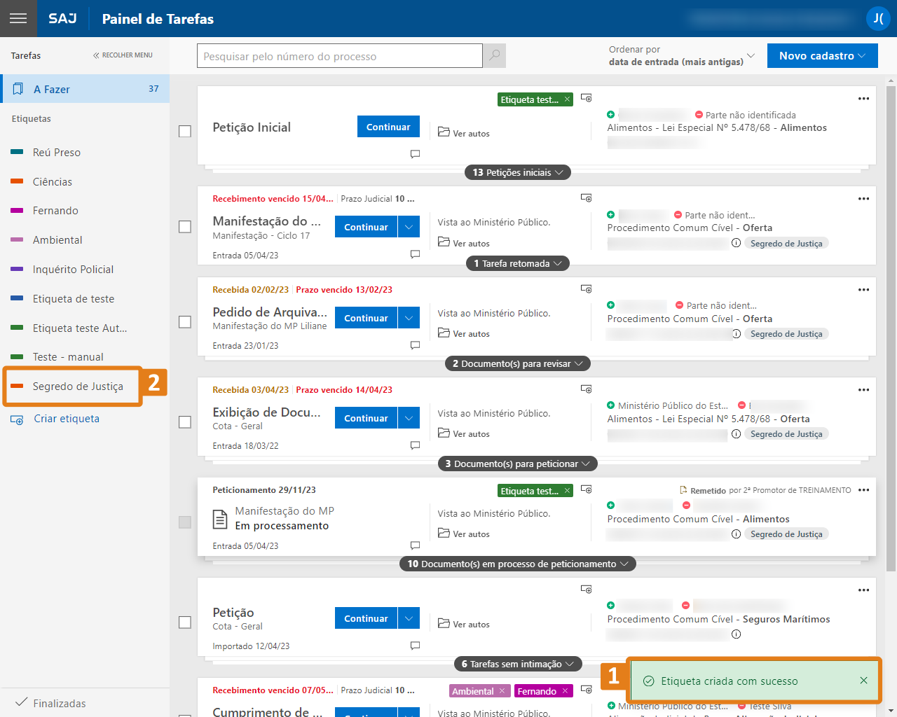 Painel de tarefas com destaques na mensagem de sucesso