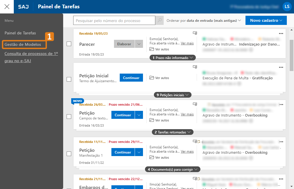 menu lateral aberto com as opções disponíveis