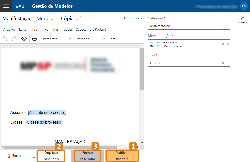 opções do rascunho em destaque