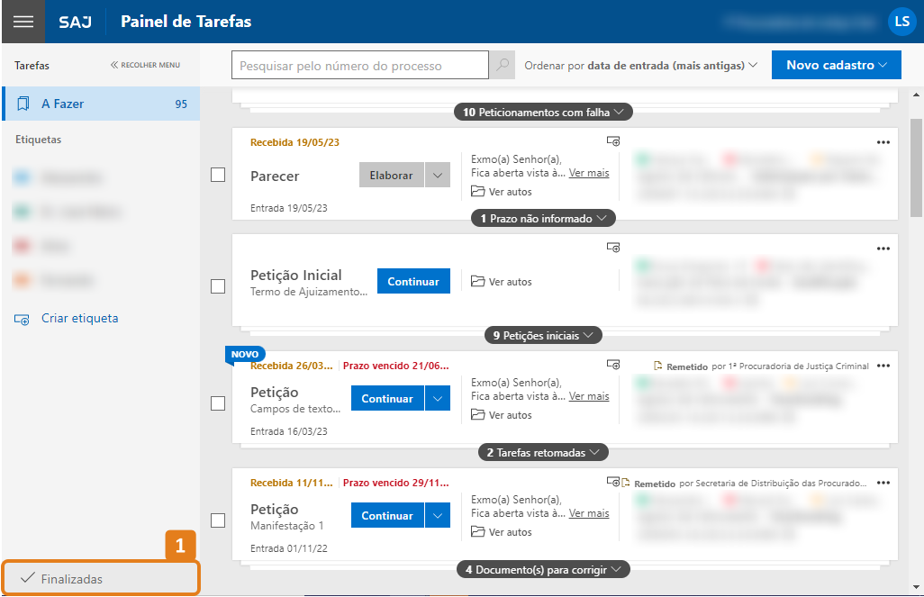 Painel de tarefas com destaque na seção finalizadas