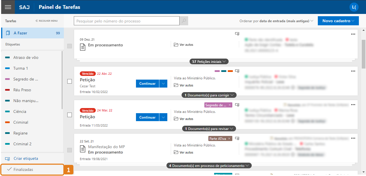 Painel de tarefas com destaque na seção finalizadas