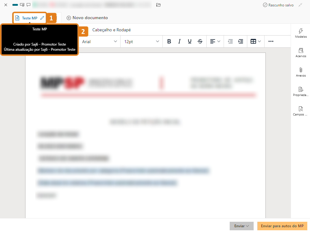 Tela Editor de documentos com destaques no título do documento e no nome do usuário que o criou e o alterou por último