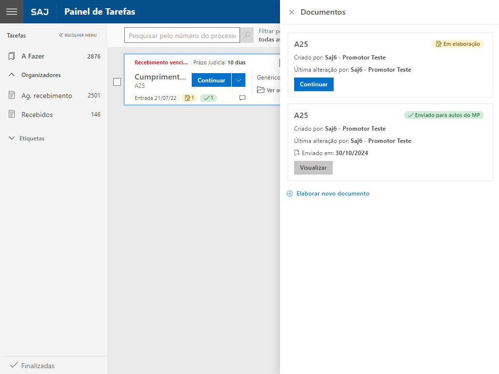 Painel de Tarefas com a aba Documentos aberta