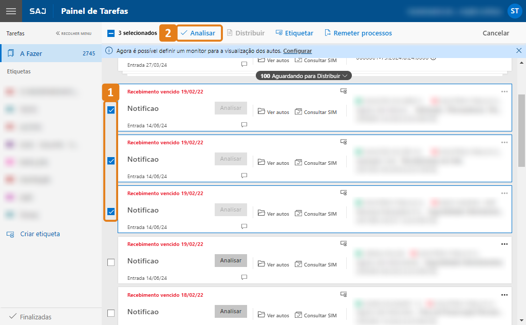 Painel de tarefas com destaques em tarefas selecionadas e botão Analisar