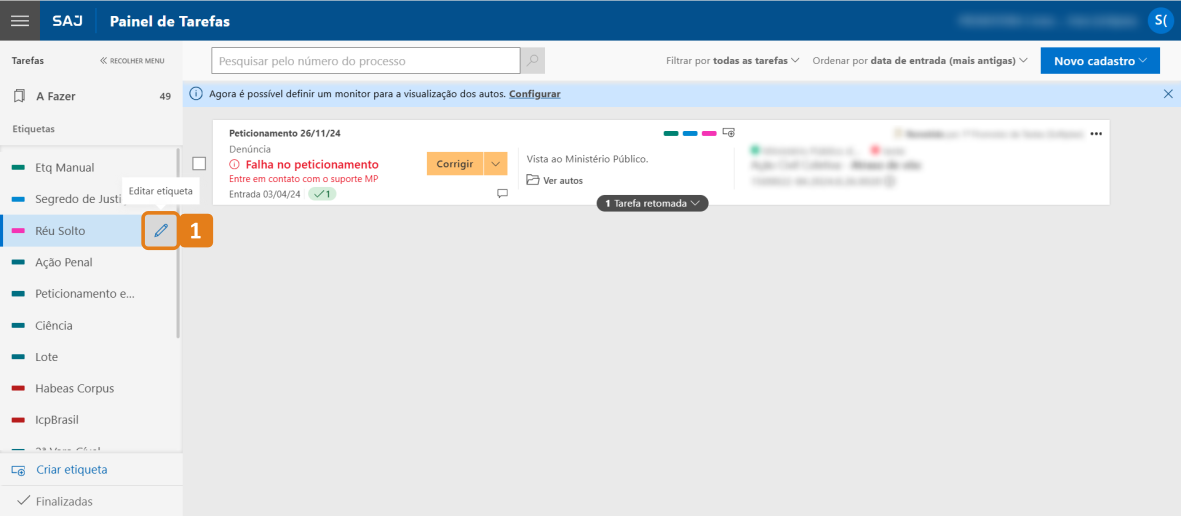 Painel de Tarefas com destaque em Editar Etiqueta