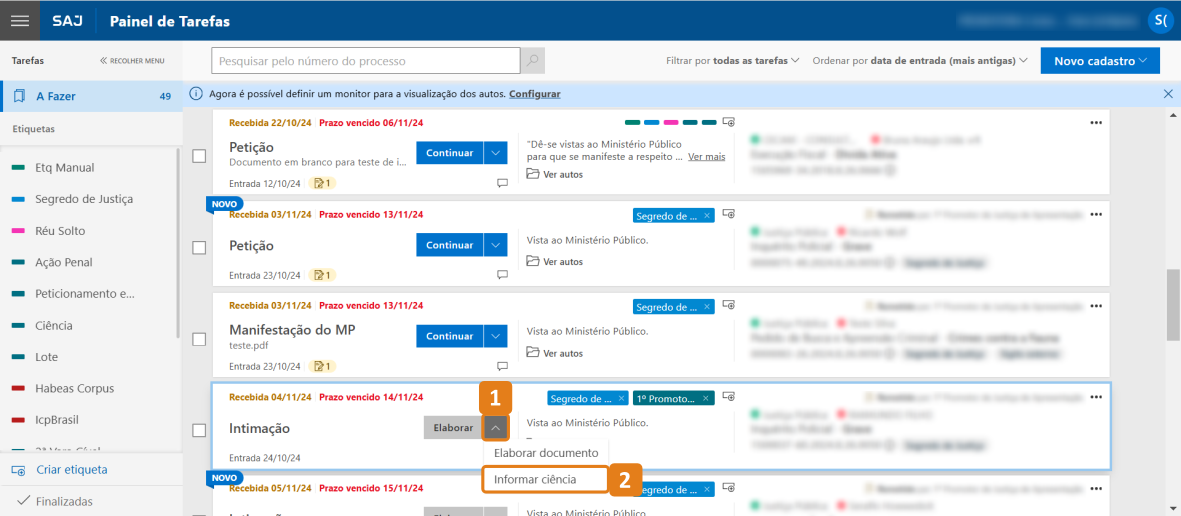 Painel de Tarefas com destaque na opção Informar Ciência de uma tarefa