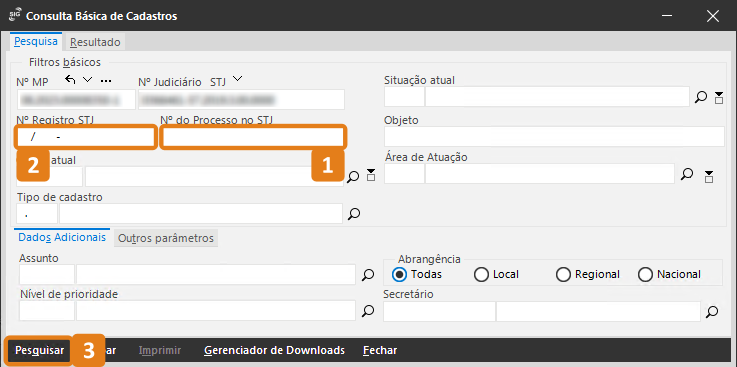 Tela inicial do SAJ com destaques no menu Consulta submenu Avançada de Cadastros