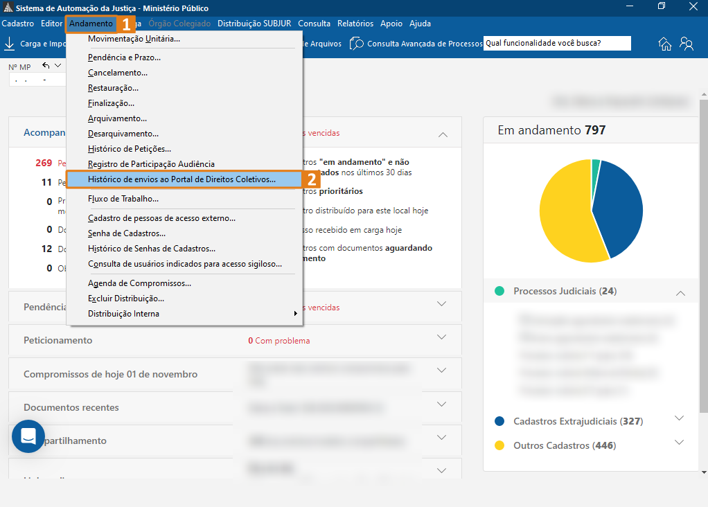 Tela inicial do sistema com destaques no menu Andamento submenu Histórico de envios ao Portal de Direitos Coletivos