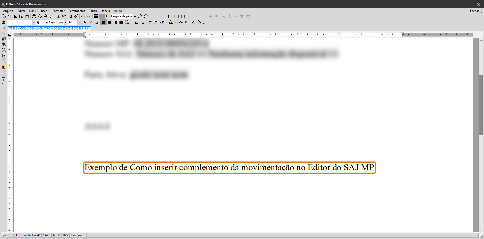 Tela do Editor de Documentos do SAJ MP. Na parte inferior, há um texto destacado em caixa laranja: 'Exemplo de Como inserir complemento da movimentação no Editor do SAJ MP