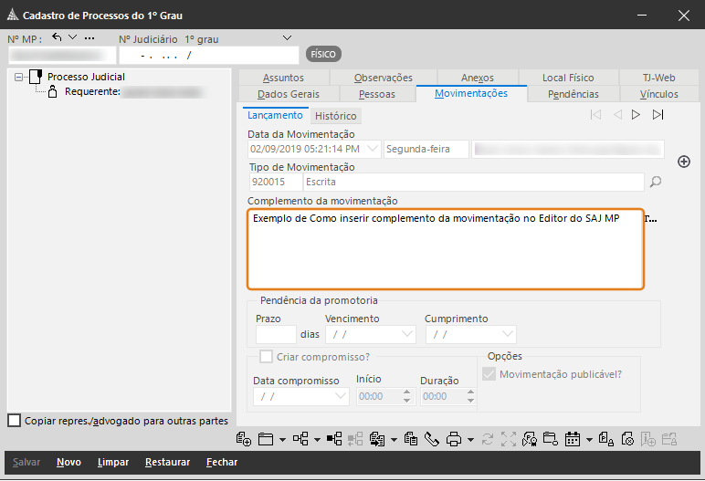 Tela do sistema SAJ MP 'Cadastro de processos de primeiro grau', aba Movimentações. O campo 'Complemento da movimentação' está destacado com borda laranja e contém o texto: 'Exemplo de Como inserir complemento da movimentação no Editor do SAJ MP