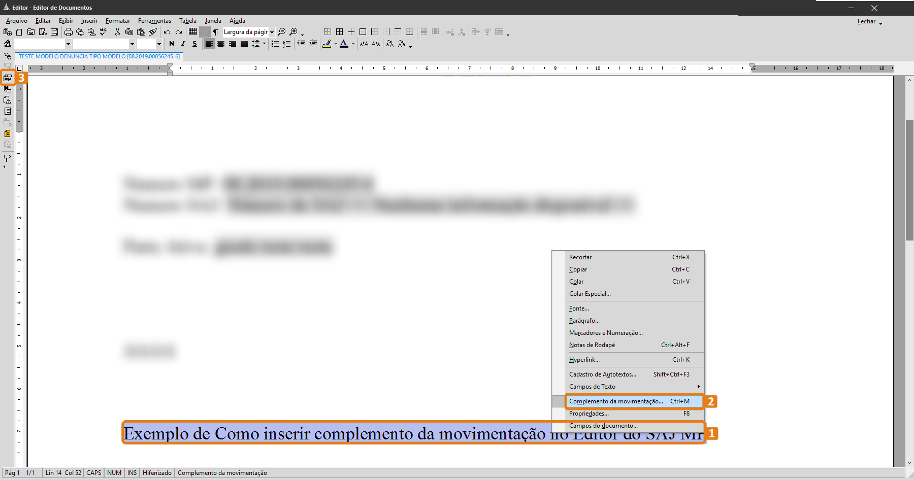 Tela do Editor de Documentos exibindo texto com exemplo de complemento de movimentação. Destaques: 1 - Texto 'Exemplo de Como inserir complemento da movimentação no Editor do SAJ MP' na parte inferior; 2 - Opção 'Complemento da movimentação' destacada no menu de contexto; 3 - Barra lateral esquerda com marcador de posição