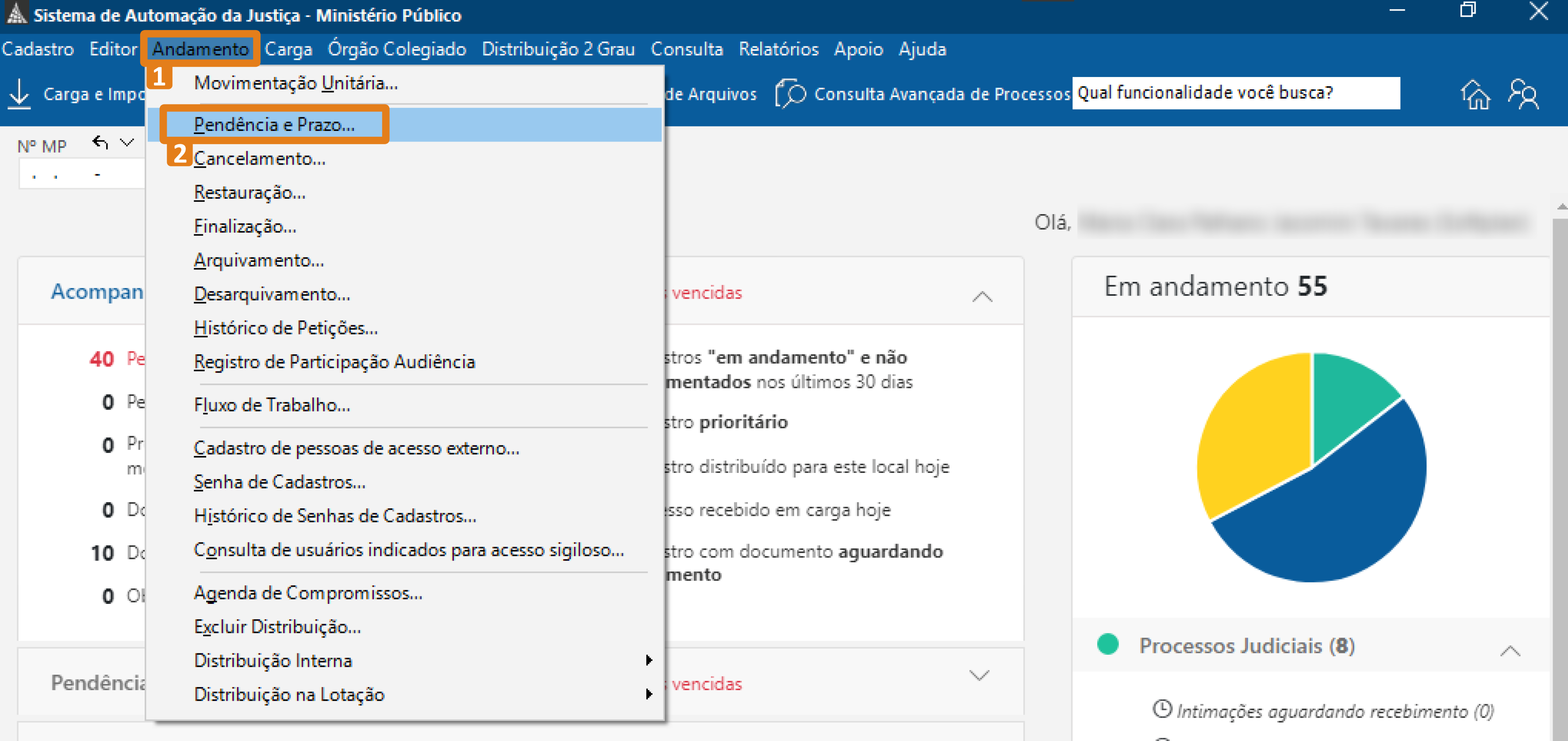 Tela inicial do sistema SAJ MP. No menu superior, a aba 'Andamento' está aberta. Dentro dela, o item 'Pendência e Prazo...' aparece destacado com borda laranja