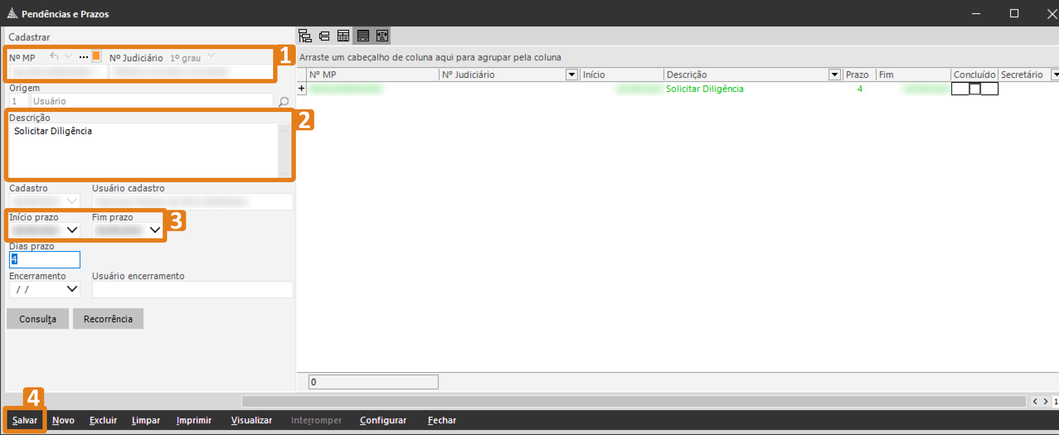 passo 3 - Janela 'Pendências e Prazos' do SAJ MP. Os campos destacados são 1 Número MP e Número Judiciário, 2 Campo de descrição com texto 'Solicitar Diligência', 3 Campo 'Início e fim prazo' preenchido com data, e 4 Botão 'Salvar' na barra inferior.