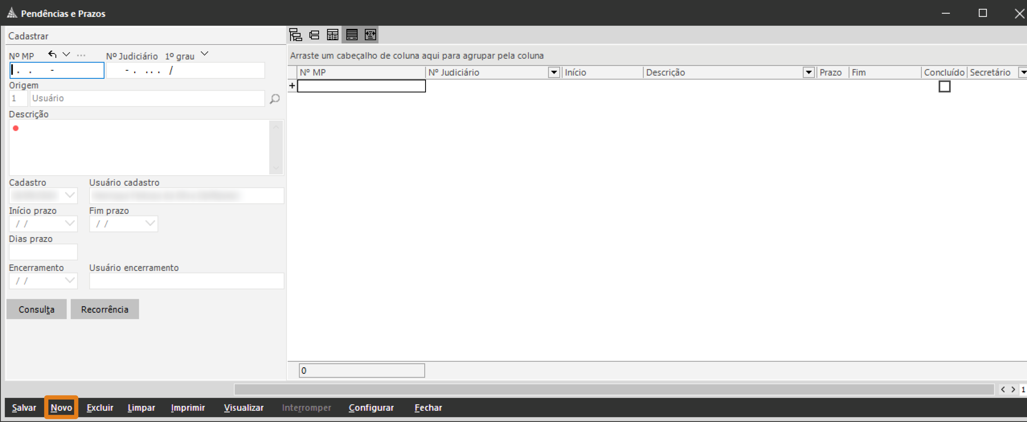 passo 2 - Janela 'Pendências e Prazos' do SAJ MP. Na barra inferior, o botão 'Novo' está destacado com borda laranja