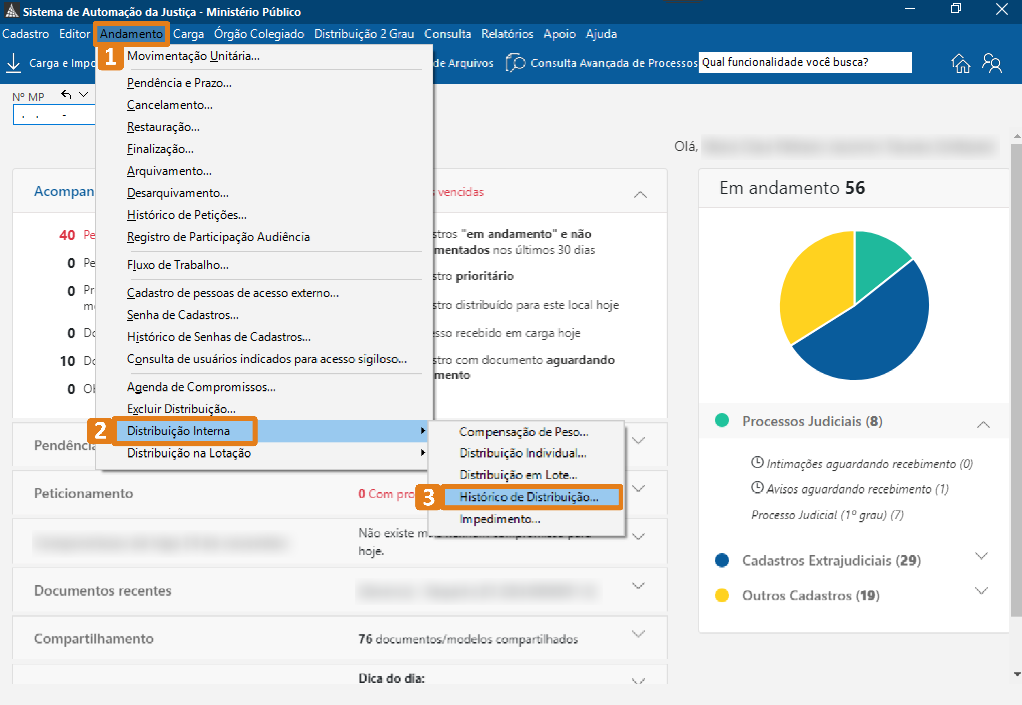 Tela inicial do sistema SAJ MP. No menu superior, a aba 'Andamento' está aberta. Dentro dela, o item 'Distribuição Interna' aparece destacado com borda laranja. Ao lado, no submenu, o item 'Histórico de Distribuição...' também está destacado