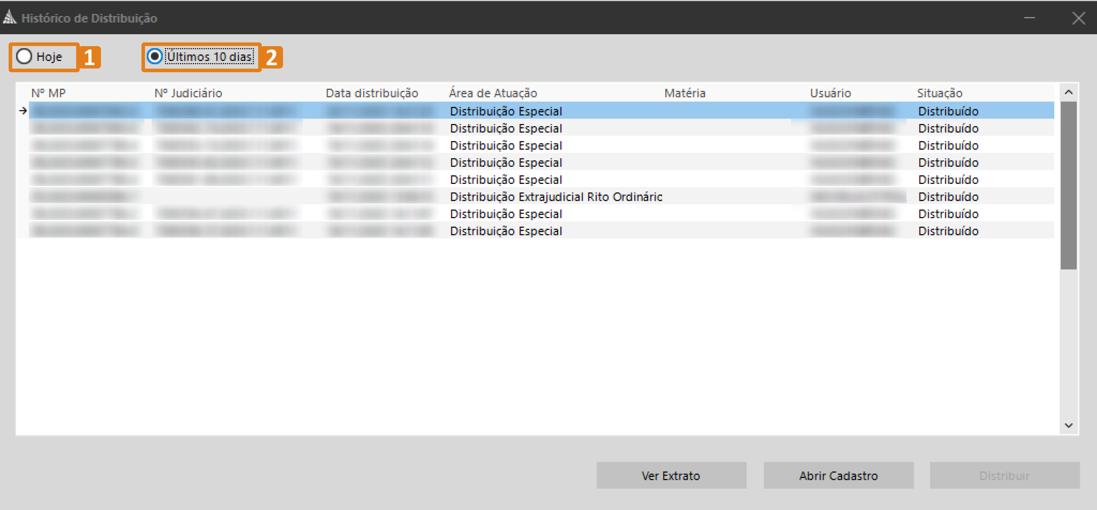 Janela 'Histórico de Distribuição' do SAJ MP. Na parte superior, há duas opções destacadas: 1) Botão 'Hoje' e 2) Botão 'Últimos 10 dias', ambos usados para filtrar os registros exibidos na lista abaixo