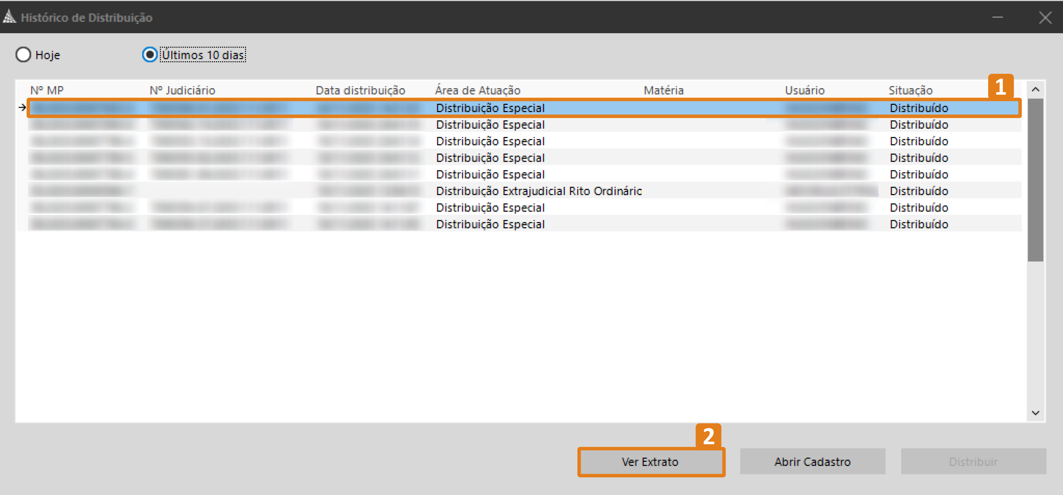 Janela 'Histórico de Distribuição' do SAJ MP. Na lista, um registro está destacado com borda laranja. Na parte inferior, o botão 'Ver Extrato' também aparece destacado