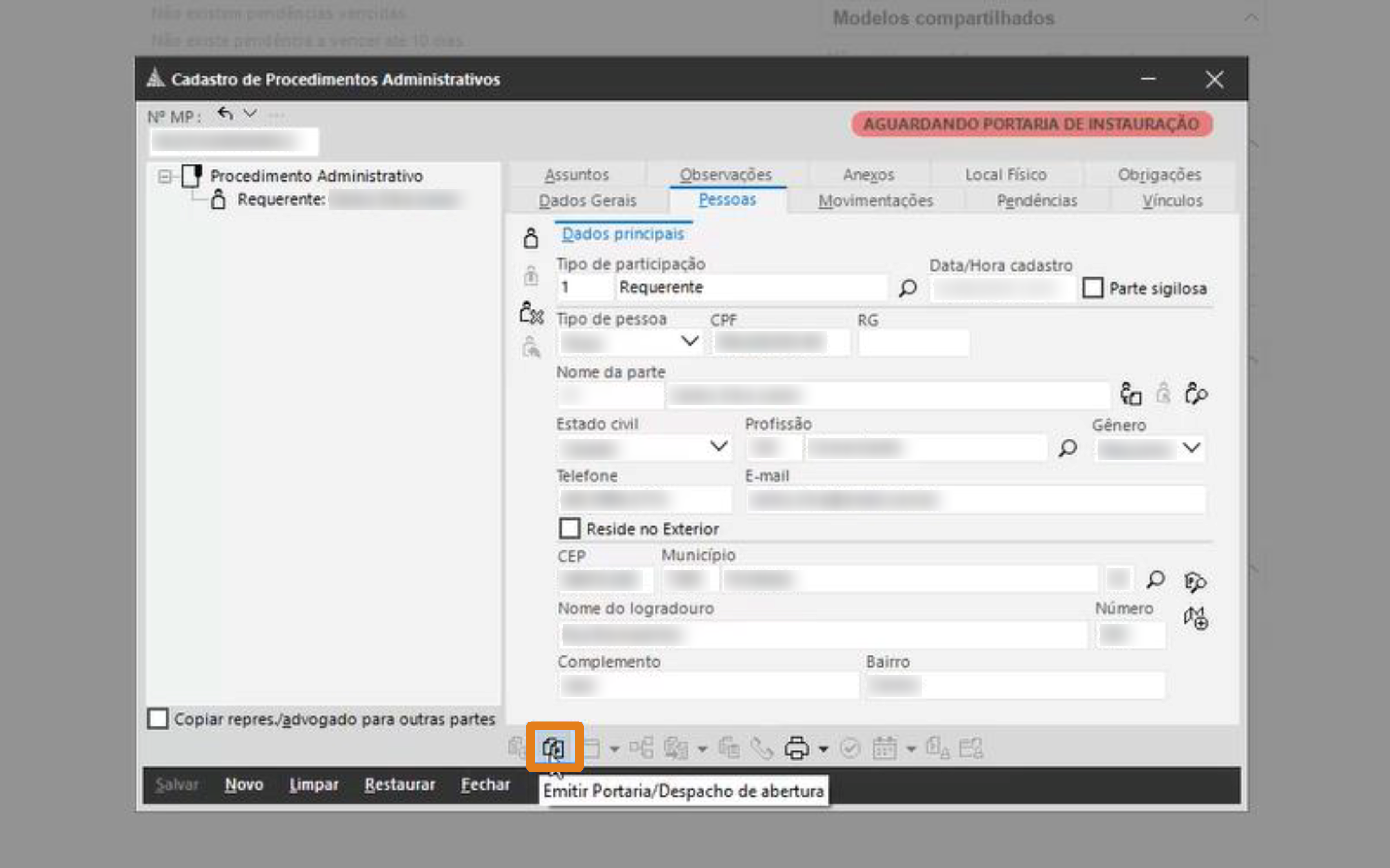 Tela do Formulário de cadastro de procedimentos administrativos com abas no topo e botões na parte inferior. O botão 'Emitir Portaria/Despacho de abertura' está destacado em laranja