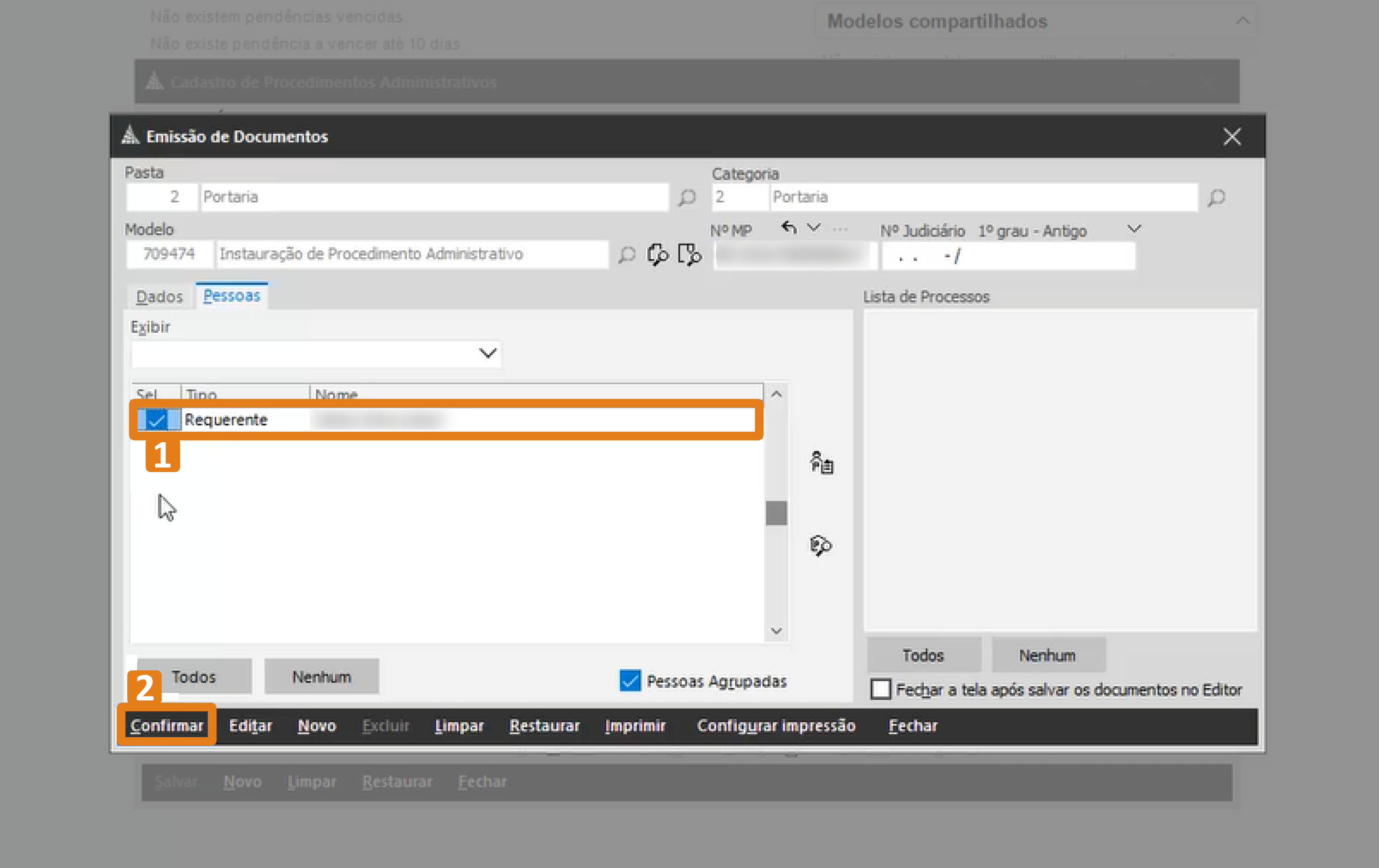 Tela do sistema Emissão de Documentos, com campos para seleção de pasta, categoria e modelo. A opção Requerente está marcada e, na parte inferior, há botões para ações como editar, excluir e imprimir, sendo que o botão Confirmar está destacado em laranja.