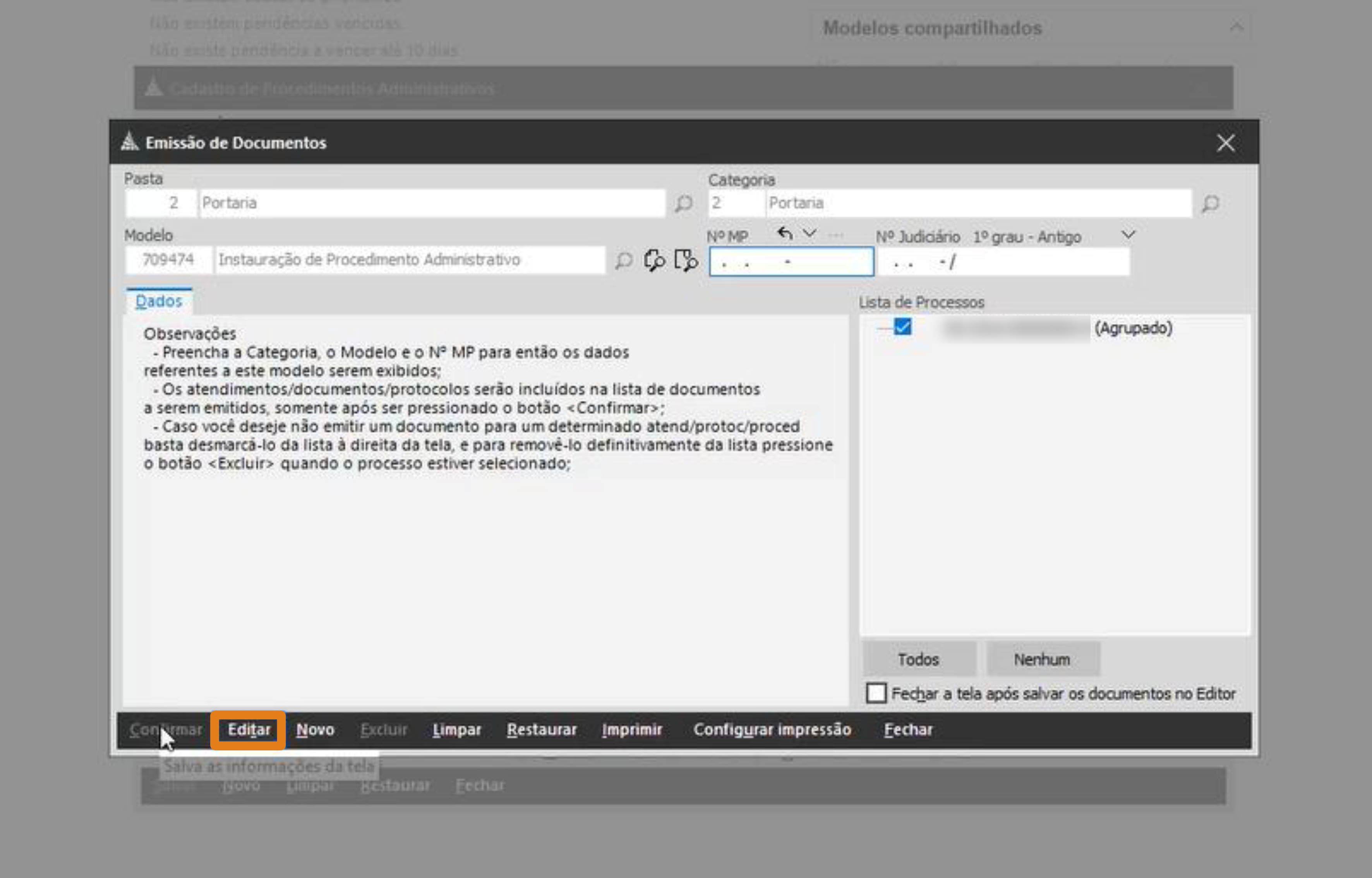 Tela do sistema Emissão de Documentos, com botões na parte inferior. O botão 'Editar' está destacado em laranja