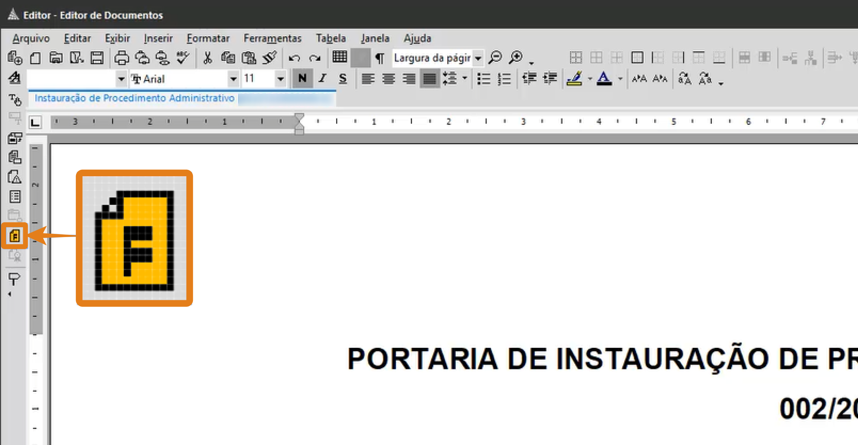 Tela do editor de documentos com título 'PORTARIA DE INSTAURAÇÃO DE PROCEDIMENTO ADMINISTRATIVO 002/2021'. Na barra lateral esquerda, o botão 'Finalizar' está destacado em laranja.
