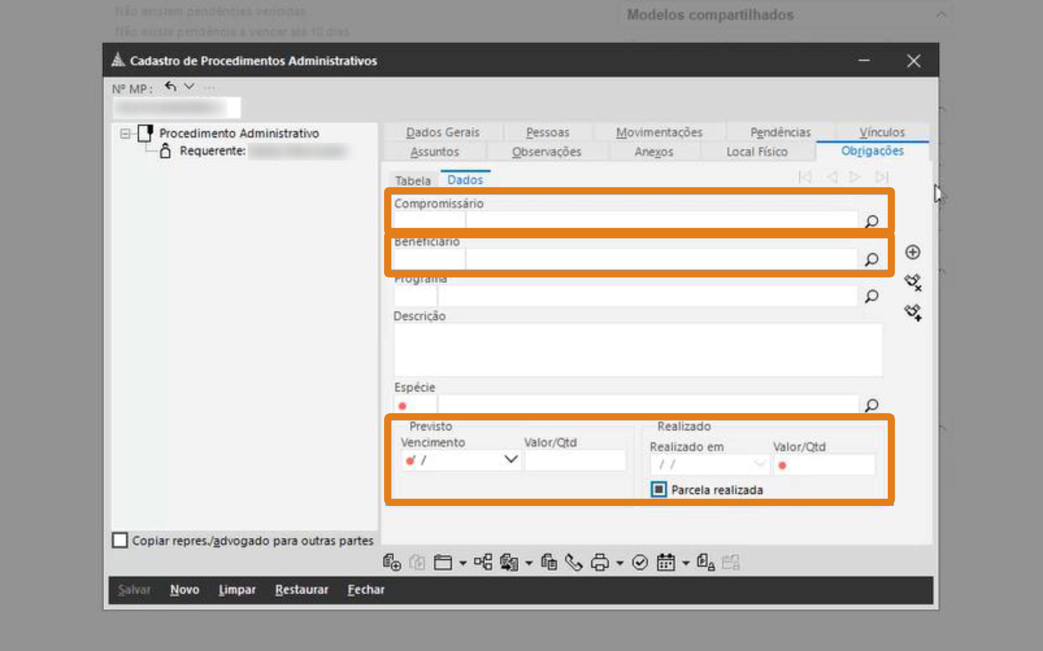 Tela do sistema Cadastro de Procedimentos Administrativos, exibindo campos Compromissário e Beneficiário destacados em laranja, além das seções Previsto e Realizado com informações financeiras também destacadas
