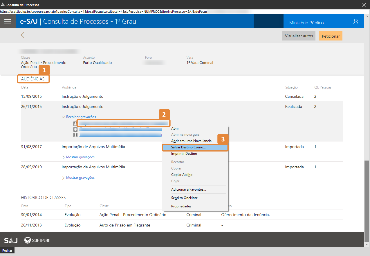 Interface do sistema e-SAJ na tela de audiências. Destaques em laranja no título Audiências, em um arquivo das gravações ao lado da data 26/11/2015 e na opção Salvar Destino Como... no menu de contexto.