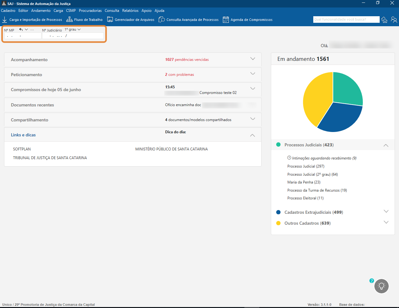 Interface do Sistema de Automação da Justiça (SAJ) com destaque em laranja nos campos de busca N° MP e N° Judiciário.
