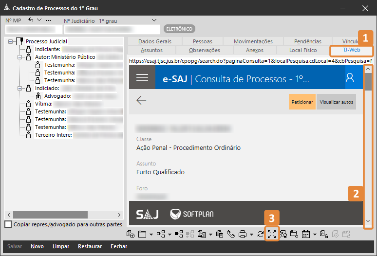 Interface do sistema Cadastro de Processos do 1º Grau com destaques em laranja no botão TJ-Web no canto superior direito, na barra de rolagem vertical da seção e-SAJ | Consulta de Processos - 1º... e no ícone de maximizar janela na parte inferior central.