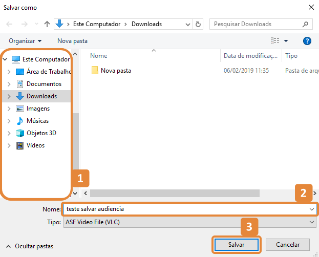 Janela de diálogo Salvar como do Windows. Destaques em laranja na barra lateral de locais, no campo de nome do arquivo preenchido com teste salvar audiencia e no botão Salvar no canto inferior direito.