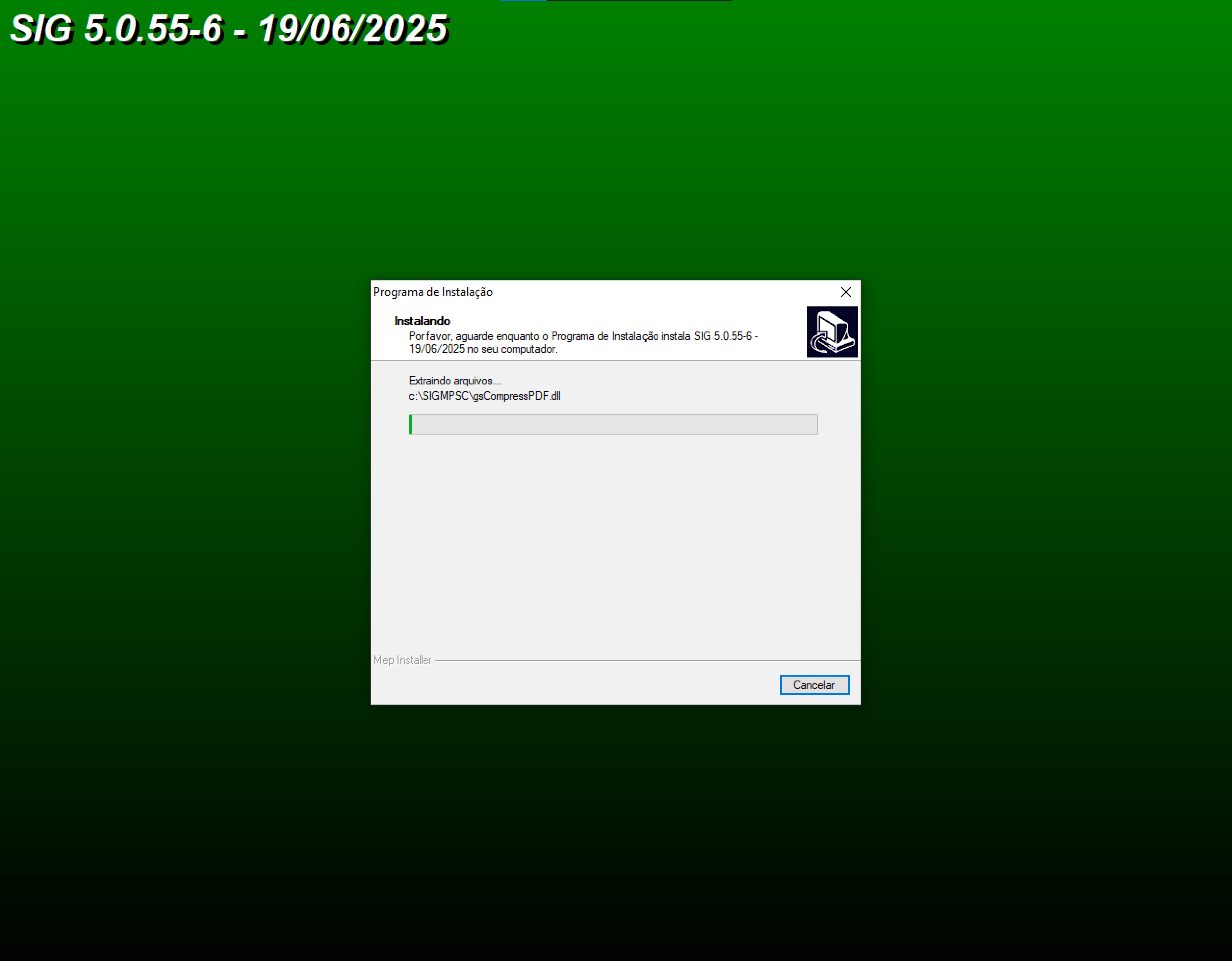 Instalador do SIG 5.0.55-6 com barra de progresso e botão “Cancelar”.