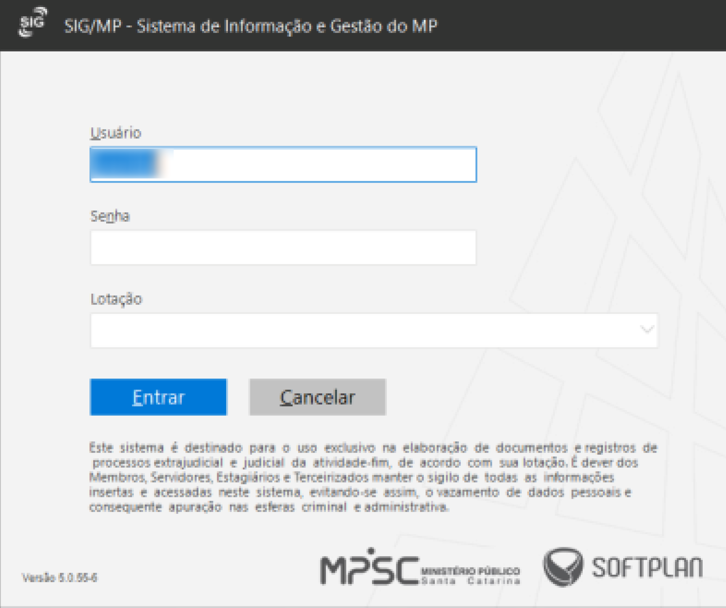 Tela de login do SIG/MP com campos de Usuário, Senha, Lotação e botões “Entrar” e “Cancelar”.