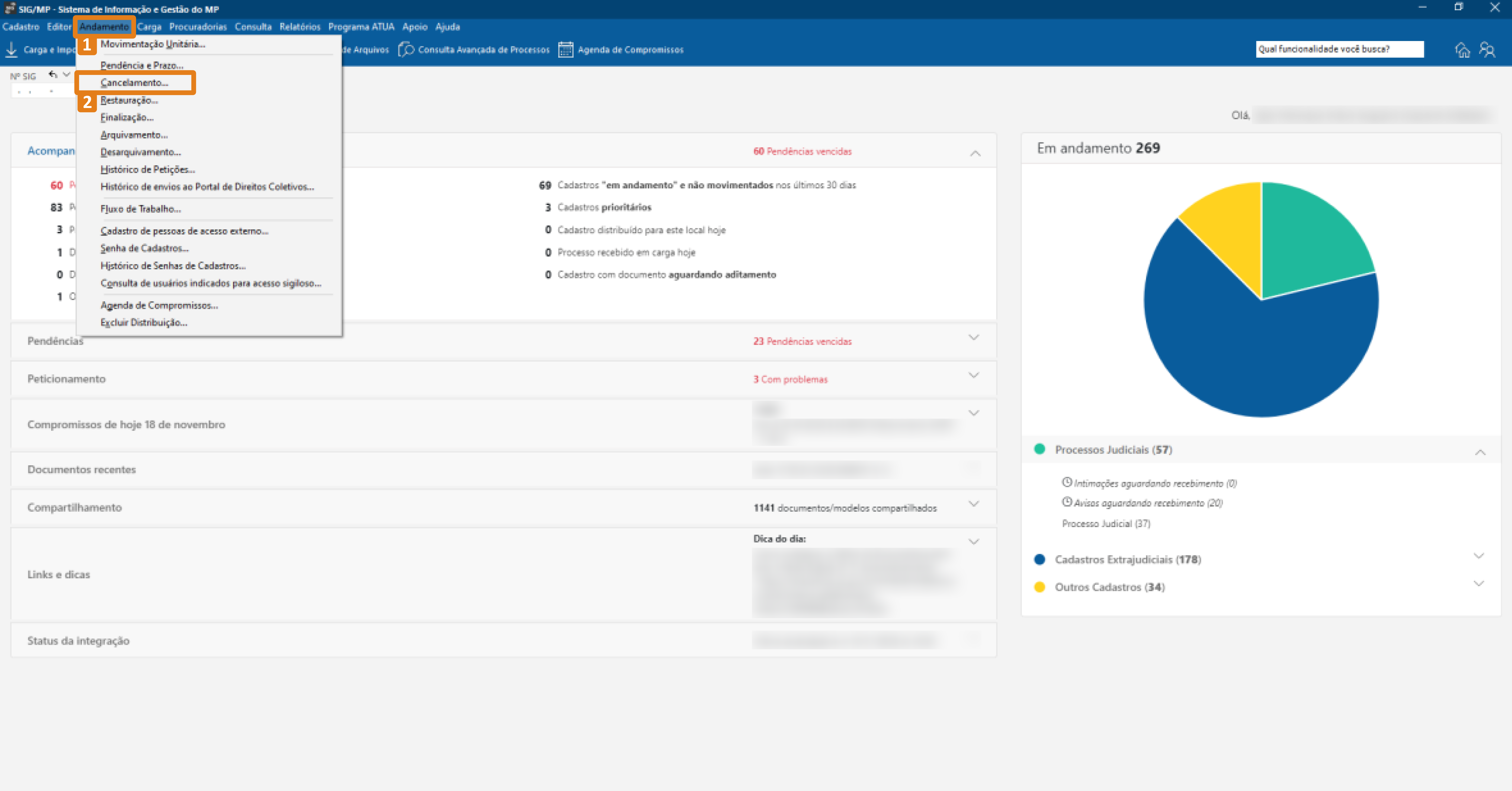 Interface do sistema SAJ exibindo o menu 'Andamento' com a opção 'Cancelamento' disponível.
