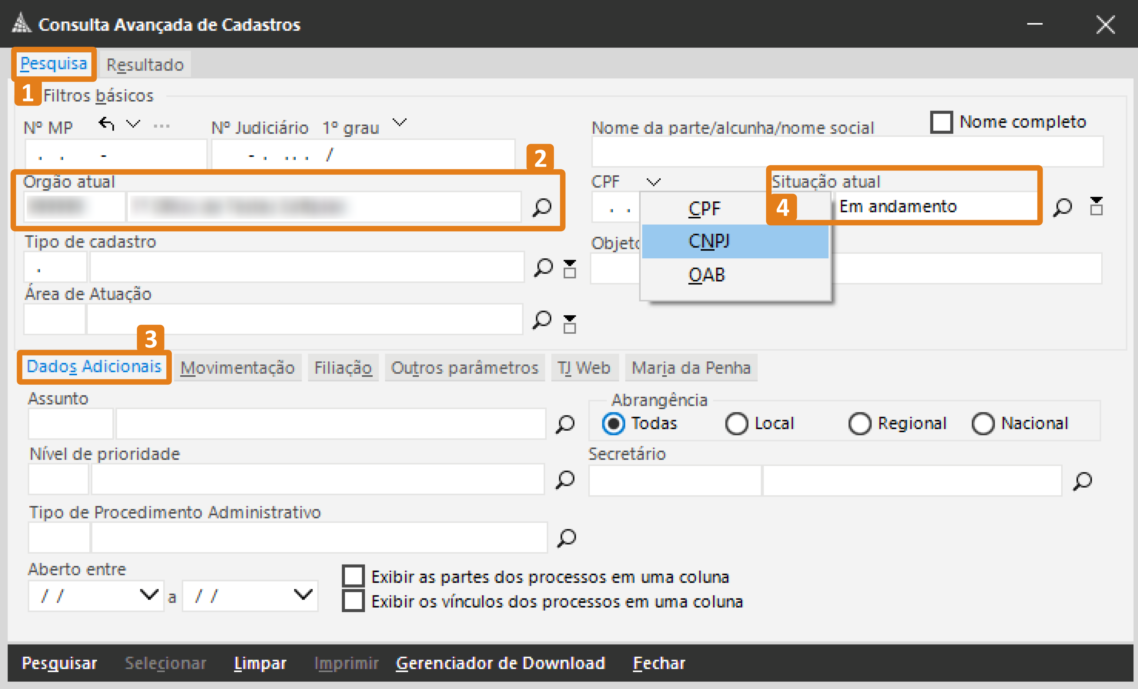 Interface do SAJ – tela “Consulta Avançada de Cadastros”. Destaques em laranja: aba “Pesquisa”, campo “Órgão atual”, aba “Dados Adicionais” e lista suspensa “Situação atual”. A tela também inclui campos para nome, CPF, data de nascimento, filtros de localização e botões para pesquisa e limpeza.
