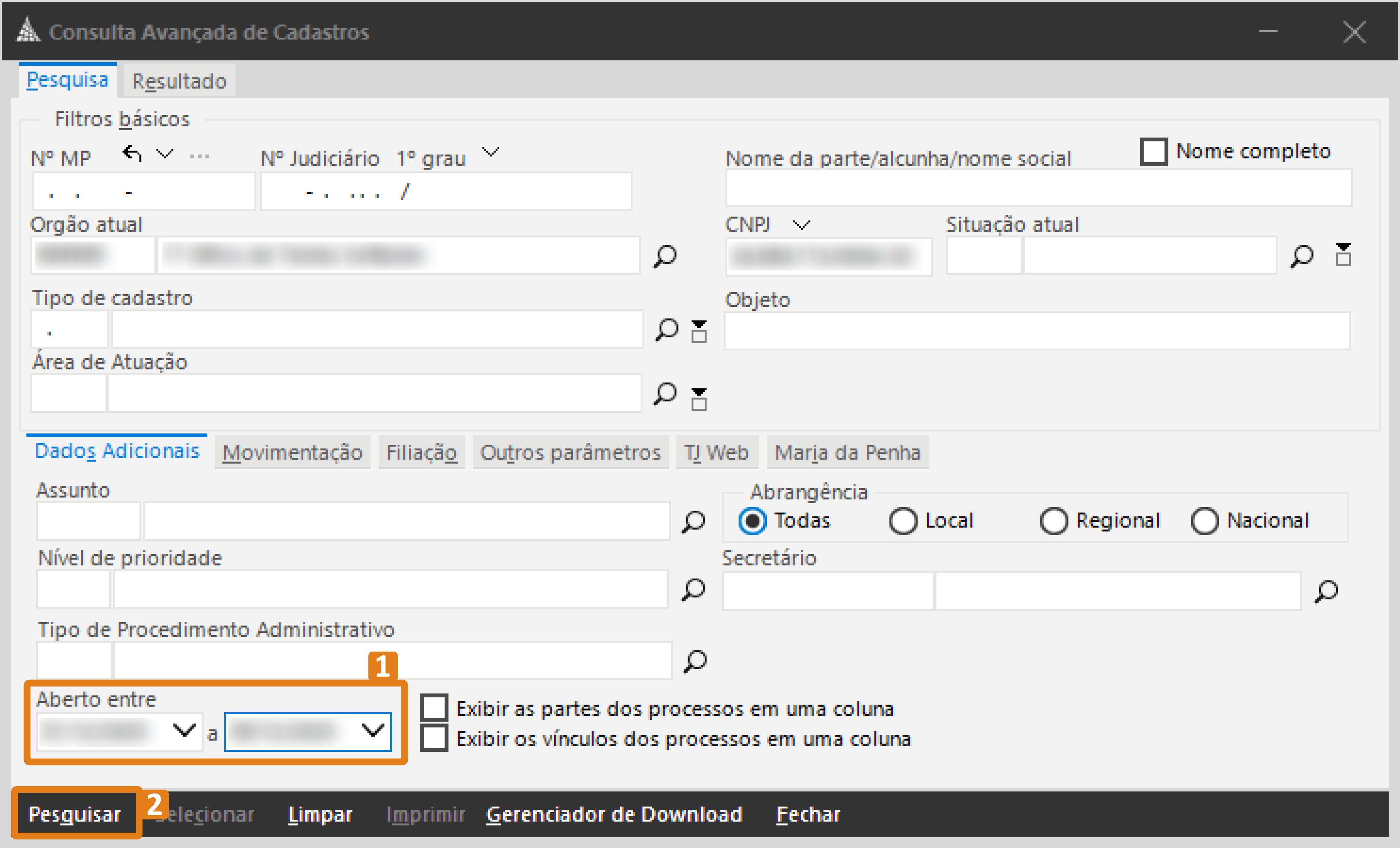 Interface do SAJ – tela “Consulta Avançada de Cadastros”. Destaques em laranja: campo de data “Aberto entre” e botão “Pesquisar”