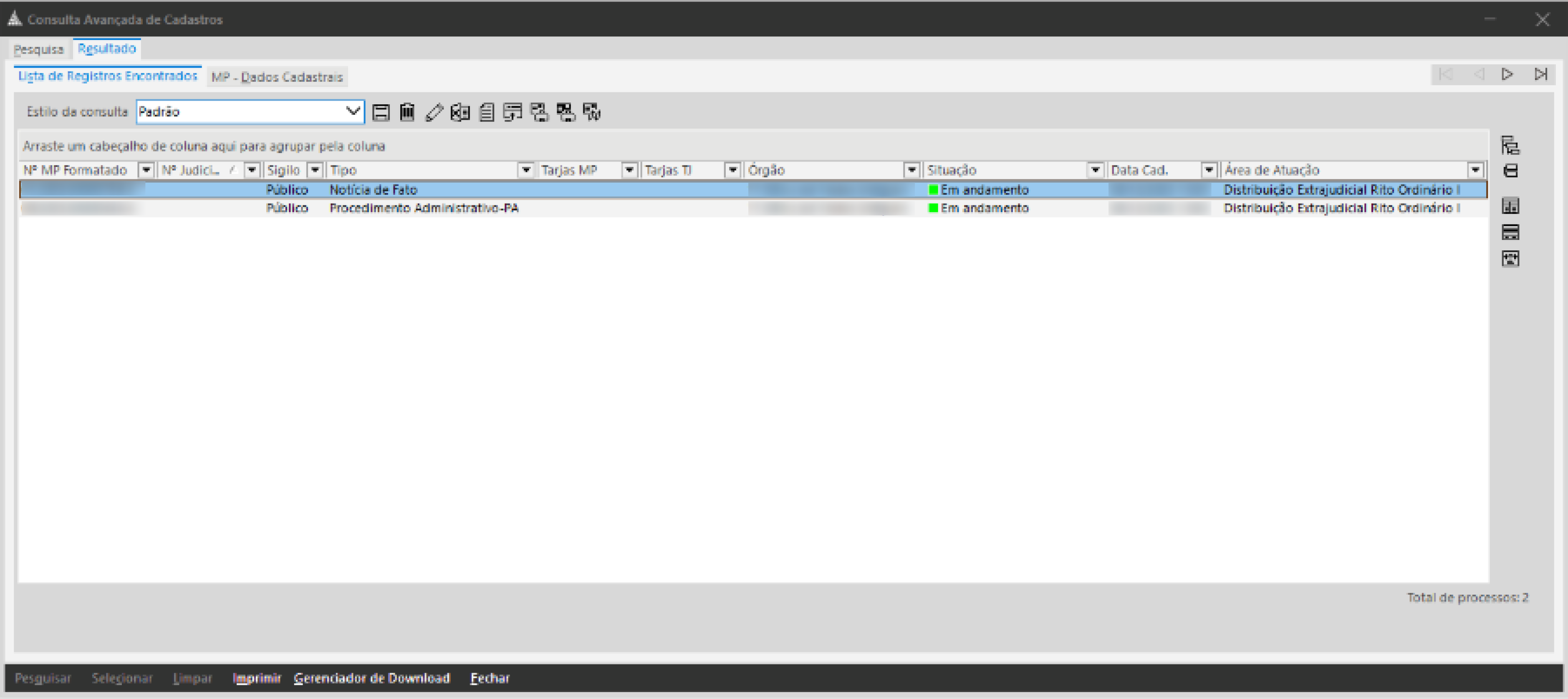 Interface do SAJ – tela “Consulta Avançada de Cadastros”. Na tabela principal, duas linhas de registros com colunas como MP Formato, Tipo e Área de Atuação