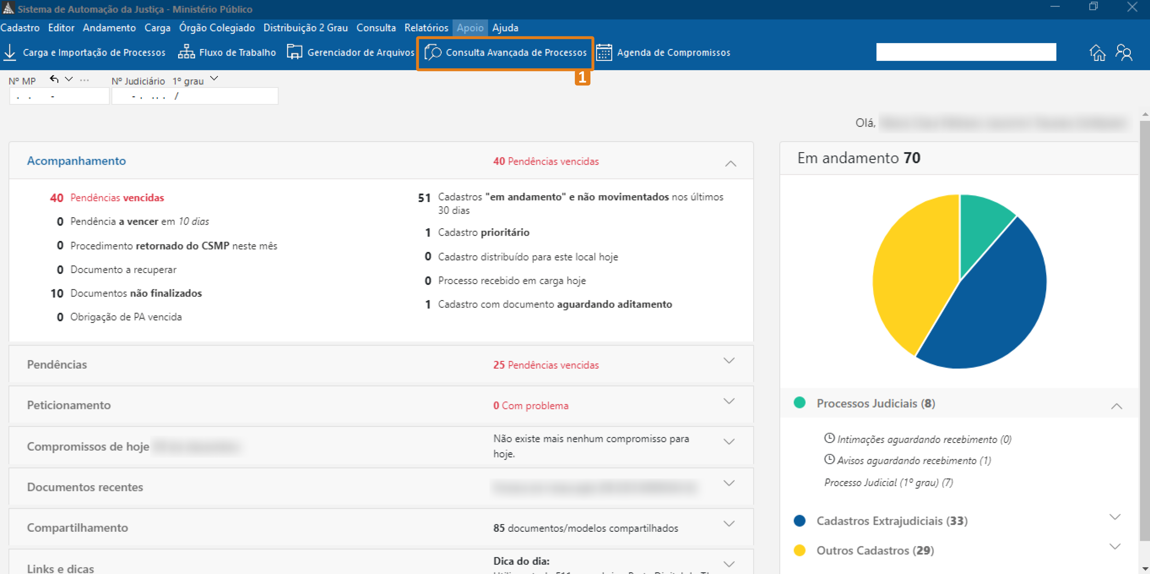 Interface do SAJ – item “Consulta Avançada de Processos” destacado em laranja no menu superior
