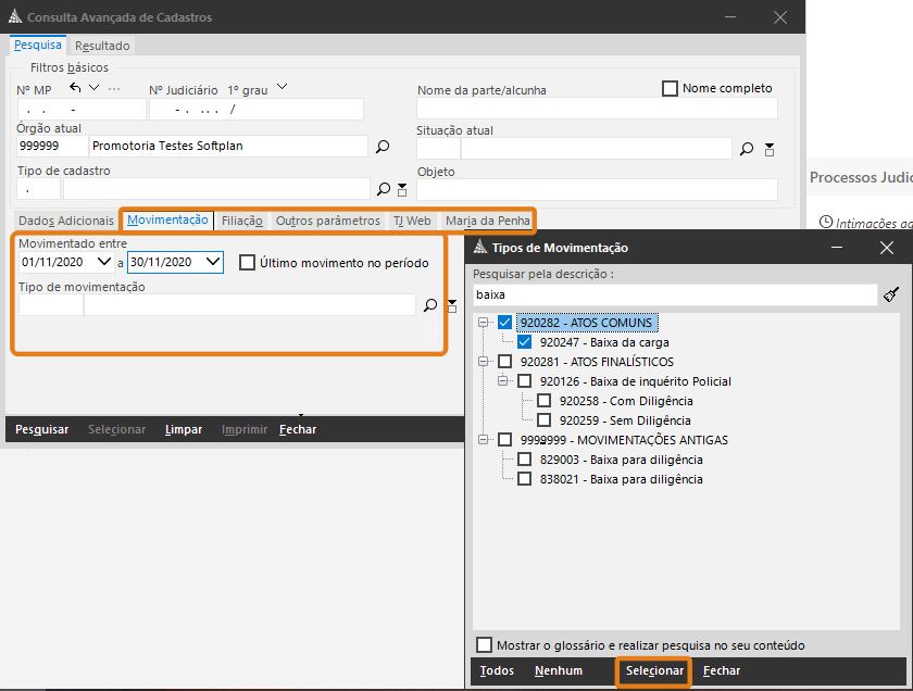 Interface do SAJ – tela “Consulta Avançada de Cadastros”. Destaques em laranja: aba “Movimentação”, seleção de período 01/11/2020 a 30/11/2020 e opção “Último movimento no período”. À direita, lista de tipos de movimentação com “920282 – ATOS COMUNS” selecionado.