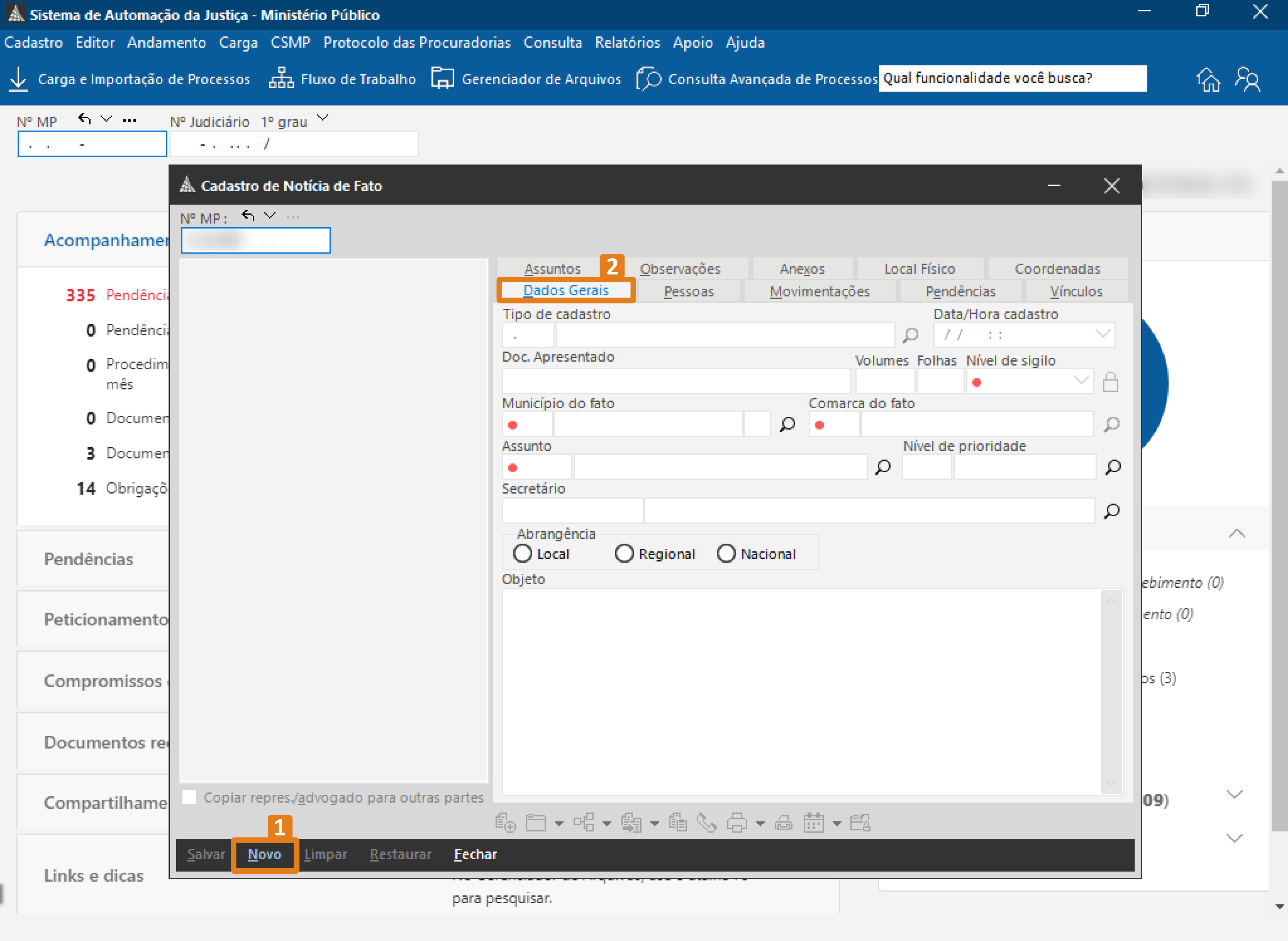 Interface do SAJ – janela “Cadastro de Notícia de Fato”. Destaques em laranja: aba “Dados Gerais” no topo e botão “Novo” na parte inferior esquerda.