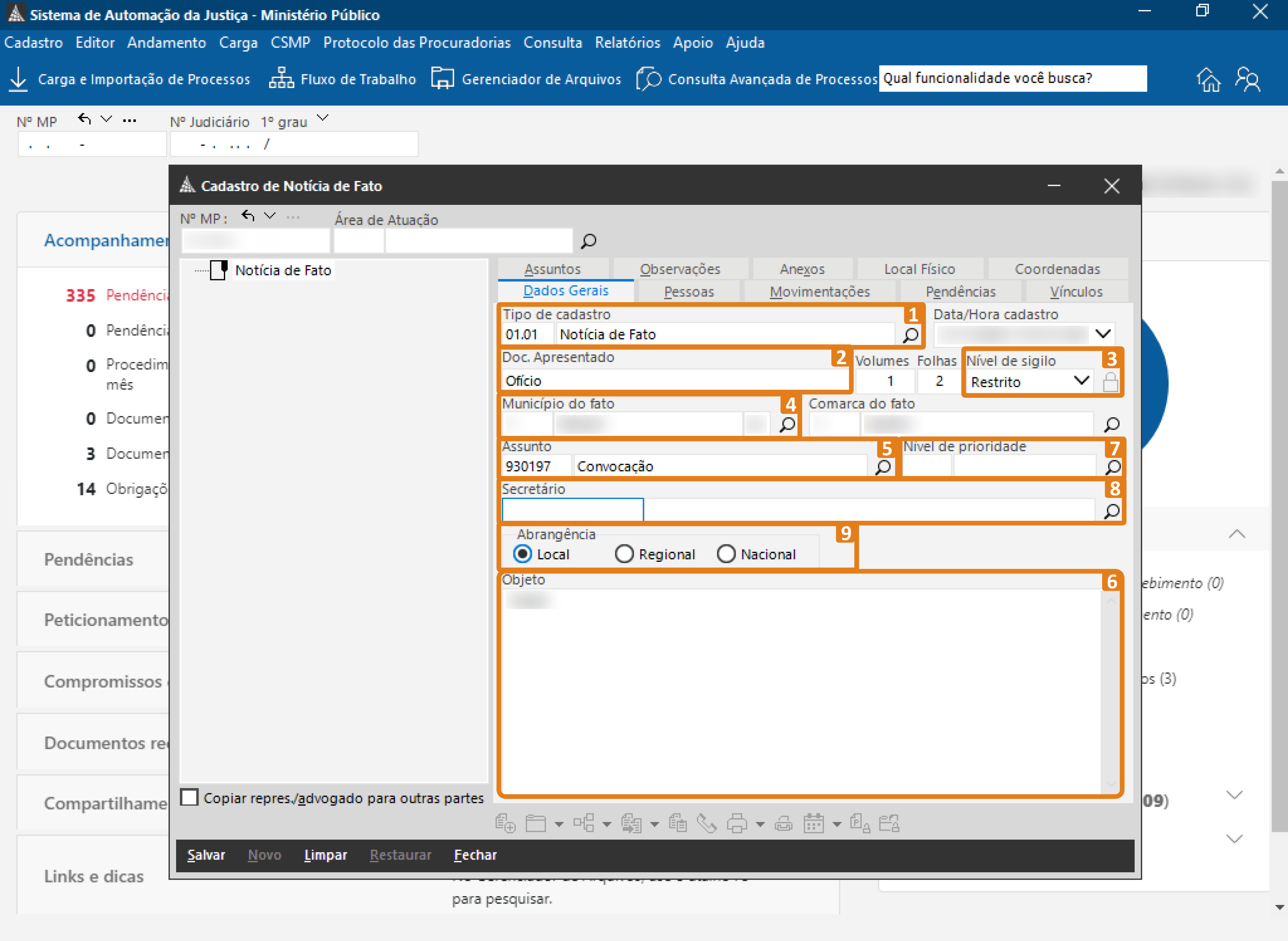 Interface do SAJ – janela “Cadastro de Notícia de Fato”. Destaques em laranja: Tipo de cadastro (0101 Notícia de Fato), Doc. Apresentado, Nível de sigilo (Restrito), Comarca do fato, Nível de prioridade, campo Objeto, Assunto (950197 Convocação), Secretaria e Abrangência (Local).