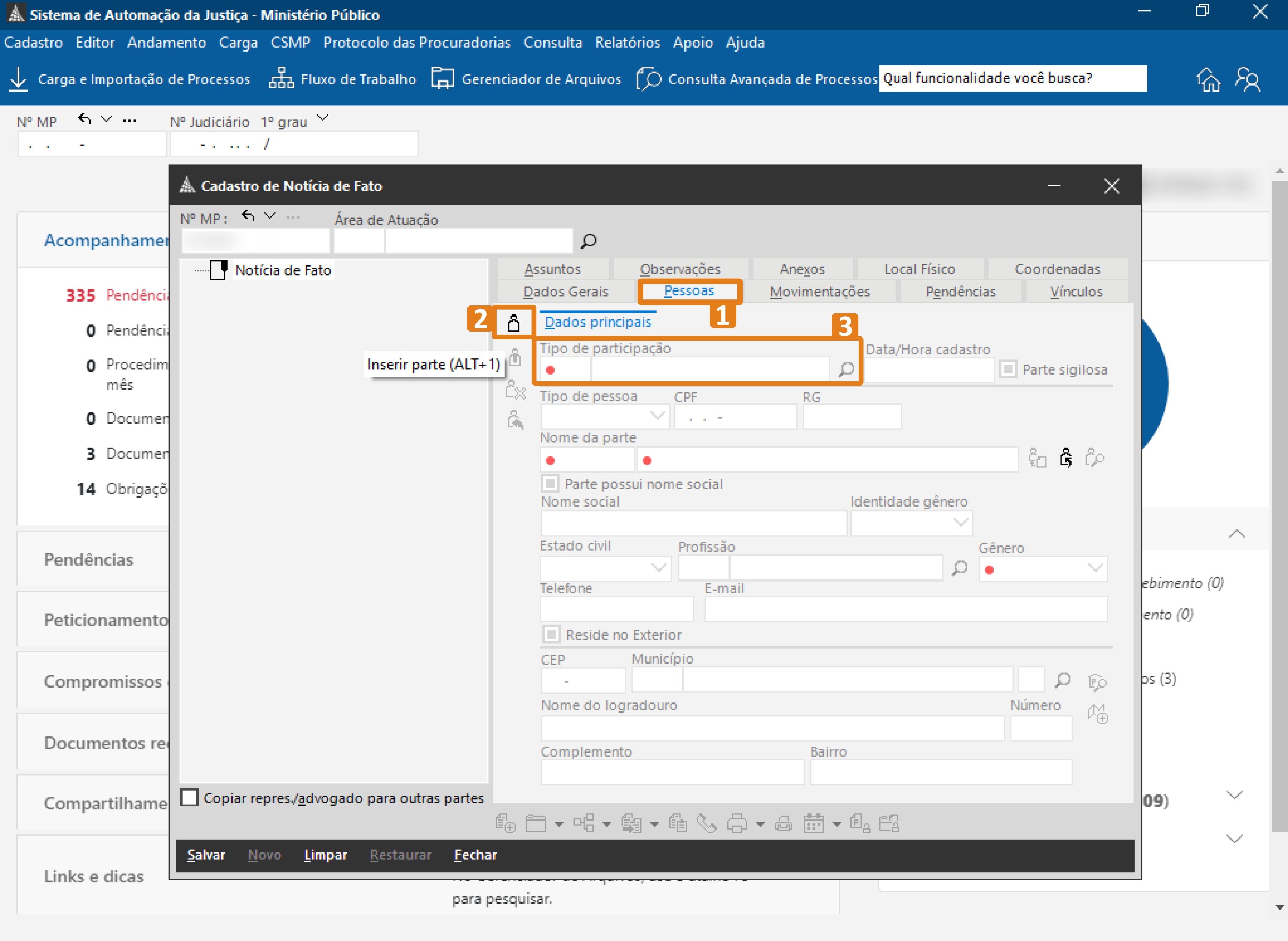 Interface do SAJ – janela “Cadastro de Notícia de Fato”. Destaques em laranja: guia “Pessoas”, botão “Dados principais” e botão “Tipo de participação”.