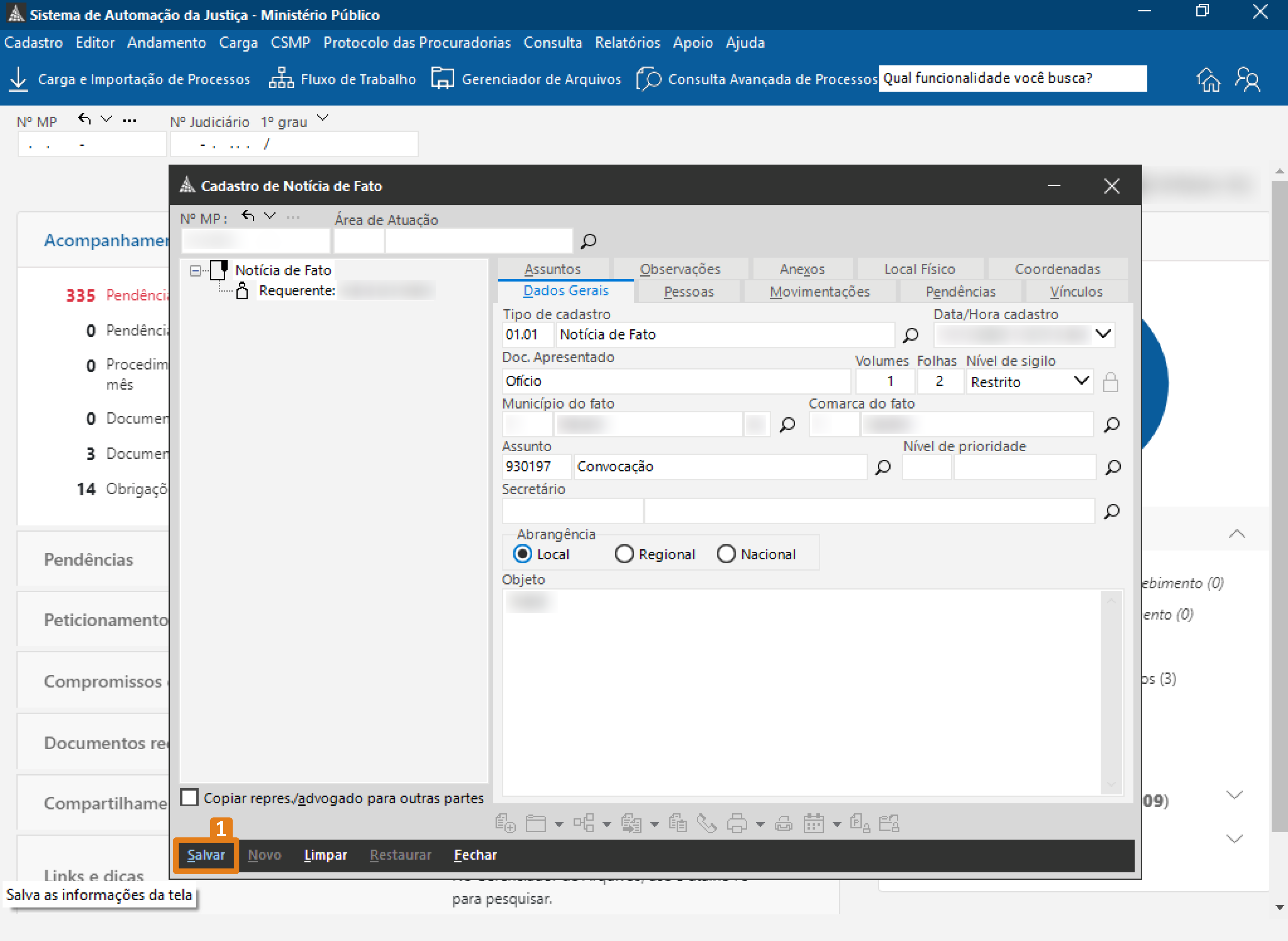 Interface do SAJ – janela “Cadastro de Notícia de Fato” com abas como Assuntos, Dados Gerais e Observações. Destaque em laranja para o botão “Salvar” no canto inferior esquerdo.