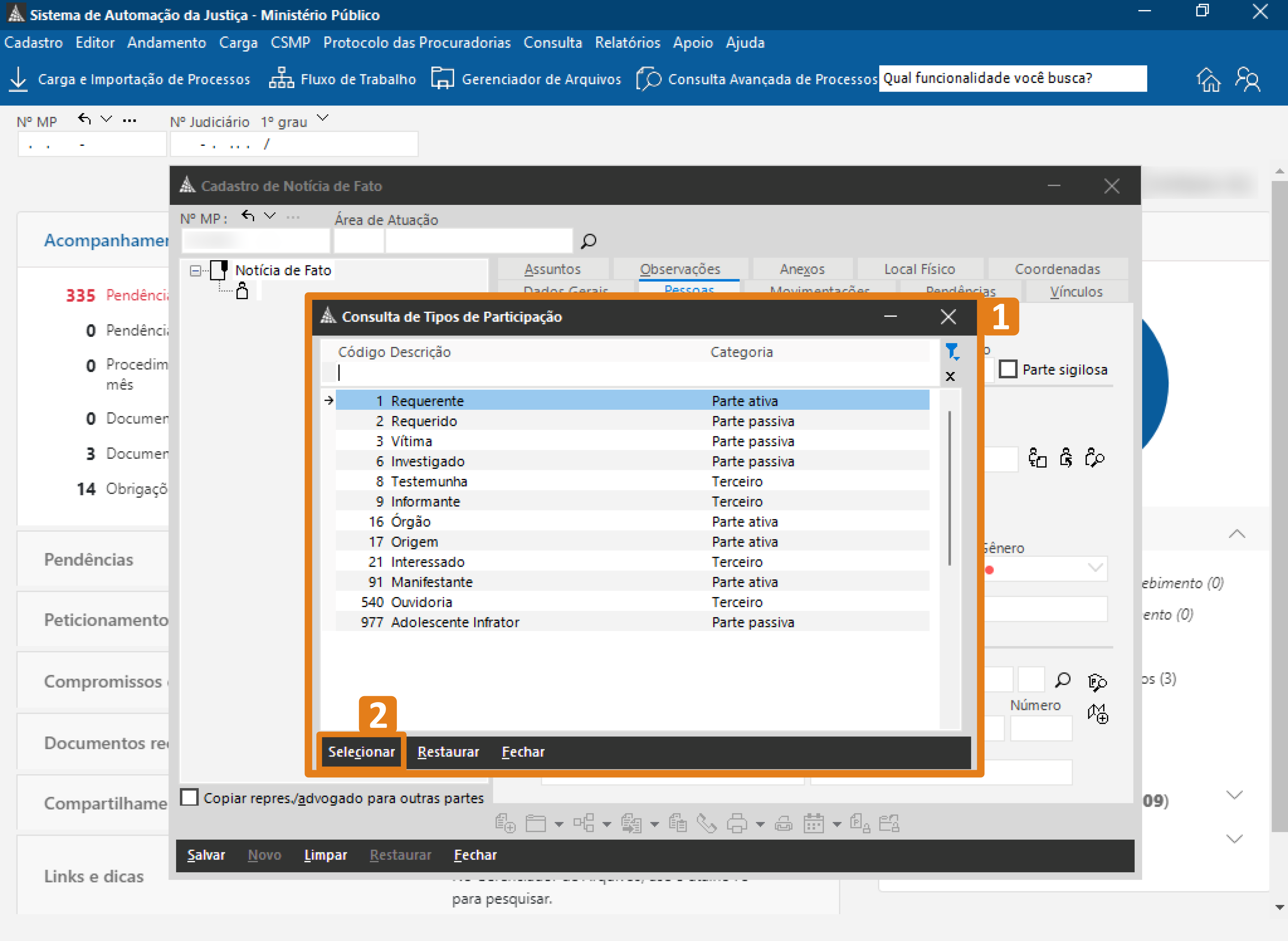 Interface do SAJ – janela “Consulta de Tipos de Participação” exibindo lista de categorias e descrições, com botão “Selecionar” na parte inferior.