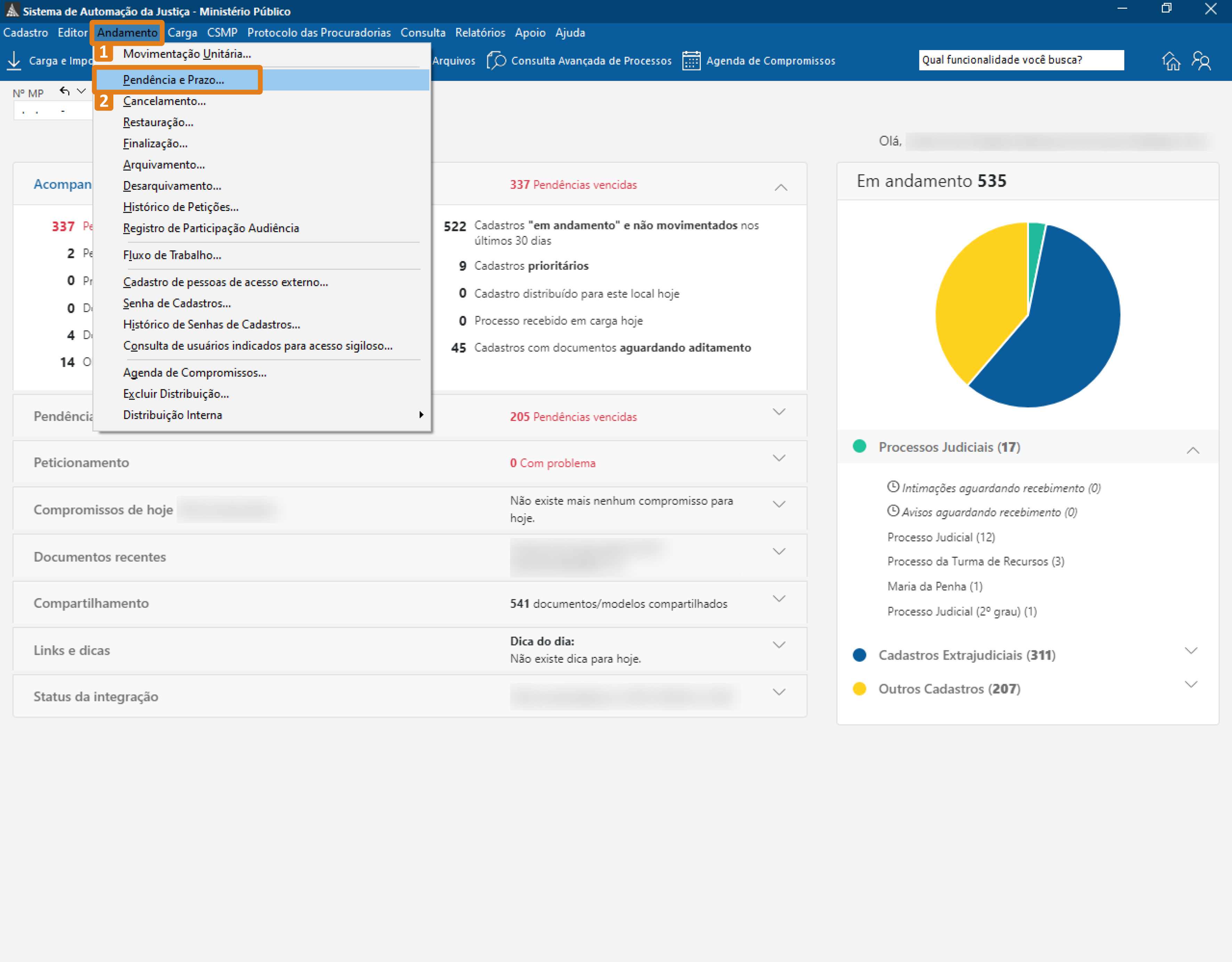 Menu “Andamento” aberto no SAJ, com destaque em laranja para a opção “Pendências e Prazos”.