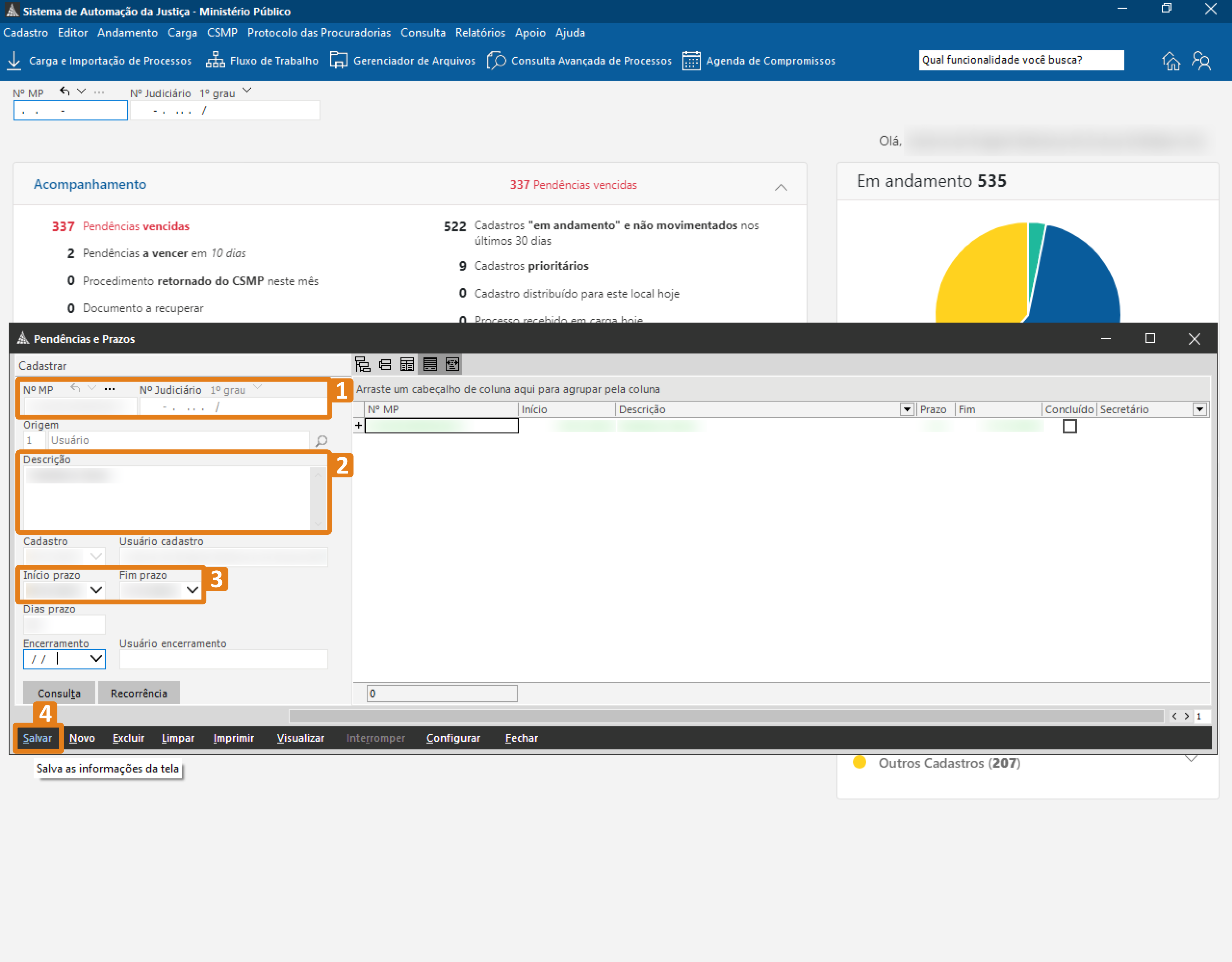 Tela do SAJ na seção “Pendências e Prazos”, com campos para N° MP, Nº do Judiciário, campo Descrição, campos Início e Fim do prazo, e botões como “Salvar” e “Novo”. Painel ao fundo mostra pendências e cadastros em andamento