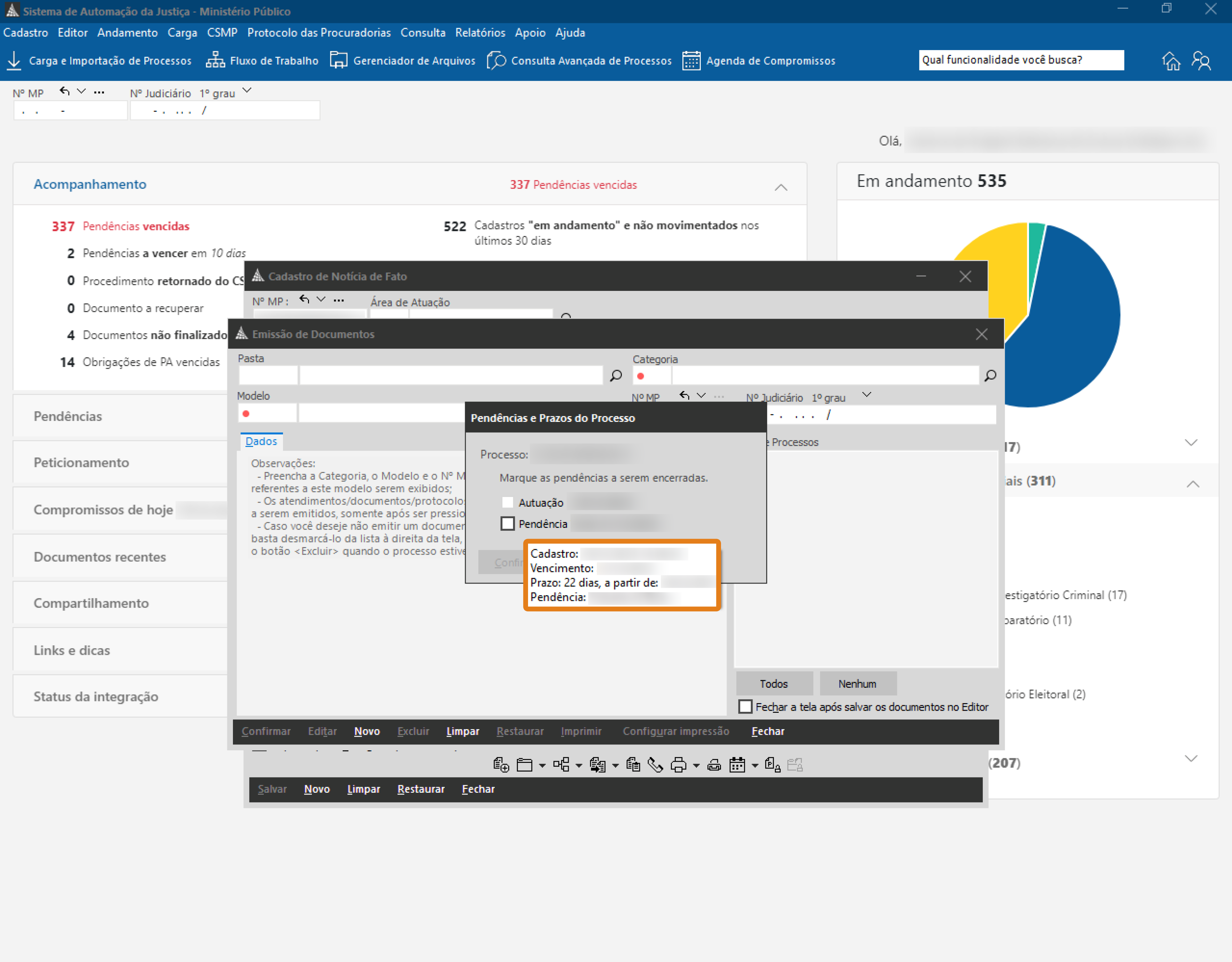 Janela do SAJ intitulada “Pendências e Prazos do Processo”, com destaque em laranja para a caixa de diálogo que contém opções “Marque as pendências a serem encerradas” e “Nova Pendência”