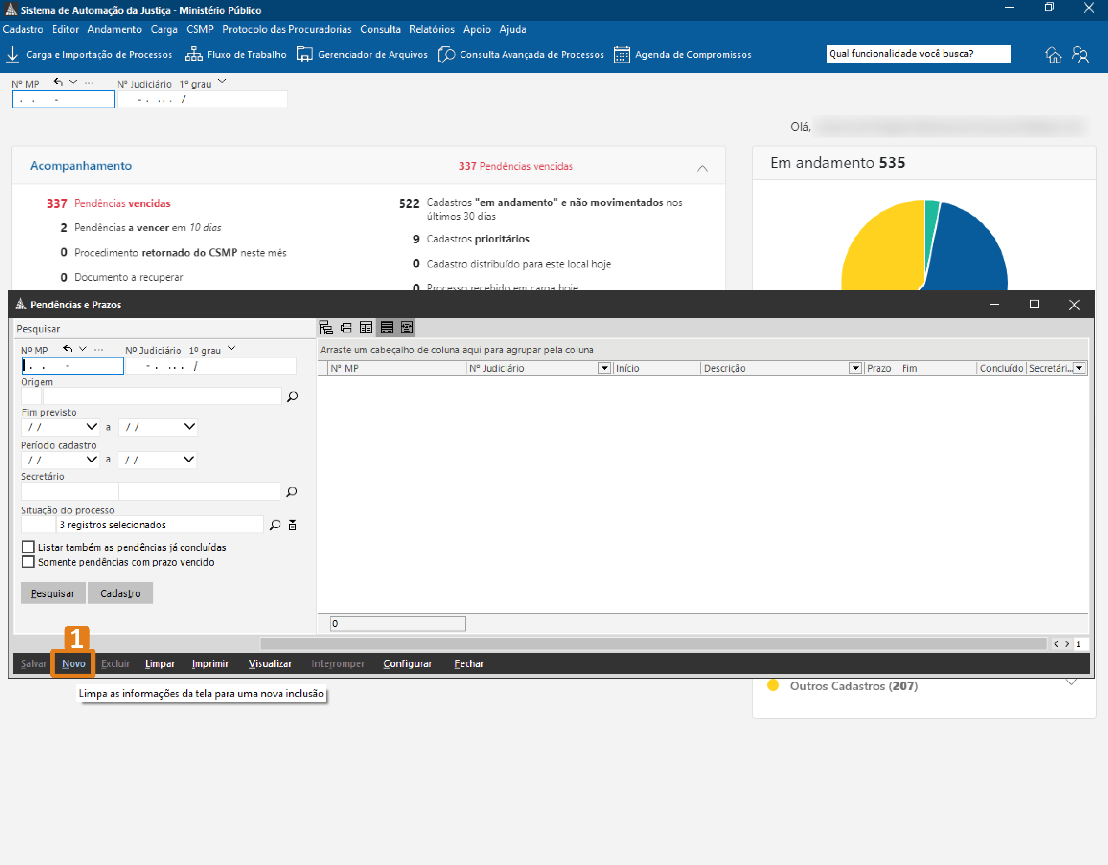 Tela do SAJ na seção “Pendências e Prazos”. Destaque em laranja para o botão Novo, que exibe a dica: “Limpa as informações da tela para nova inclusão”.