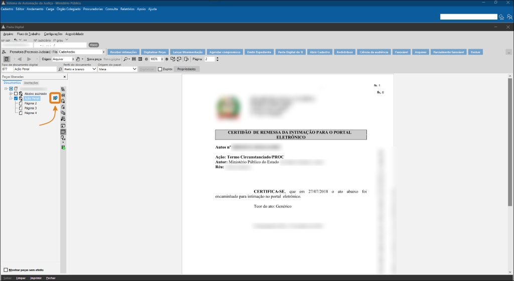 Interface do sistema SAJ exibindo um documento digitalizado. No painel lateral esquerdo, lista de documentos com ícone de gravação destacado em laranja.