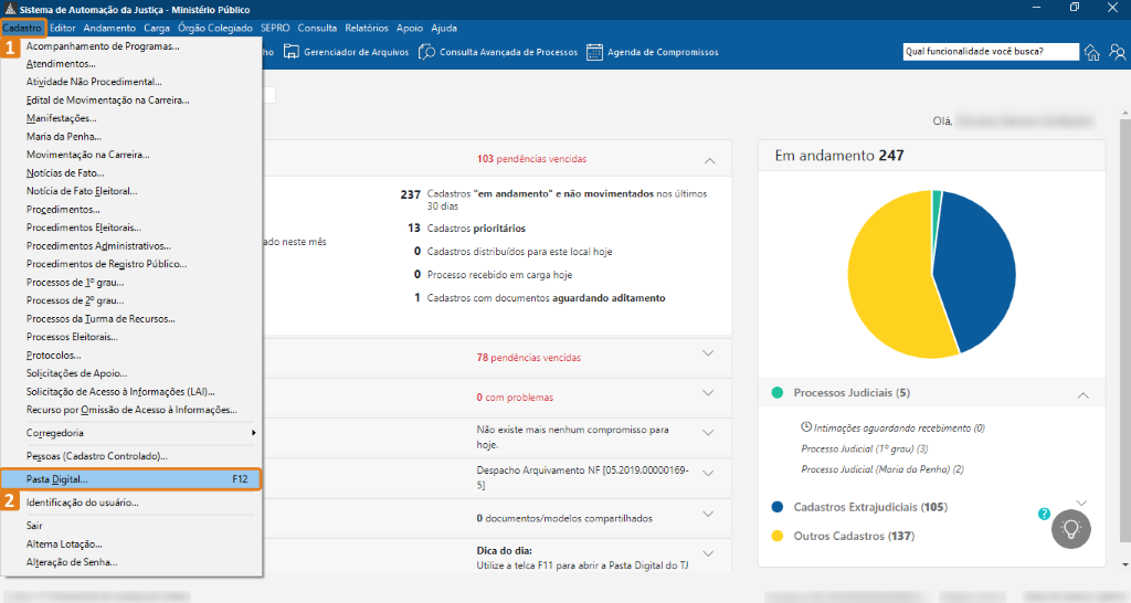 Menu de navegação do sistema SAJ aberto na seção Cadastro, com a opção 'Pasta Digital' destacada em laranja.